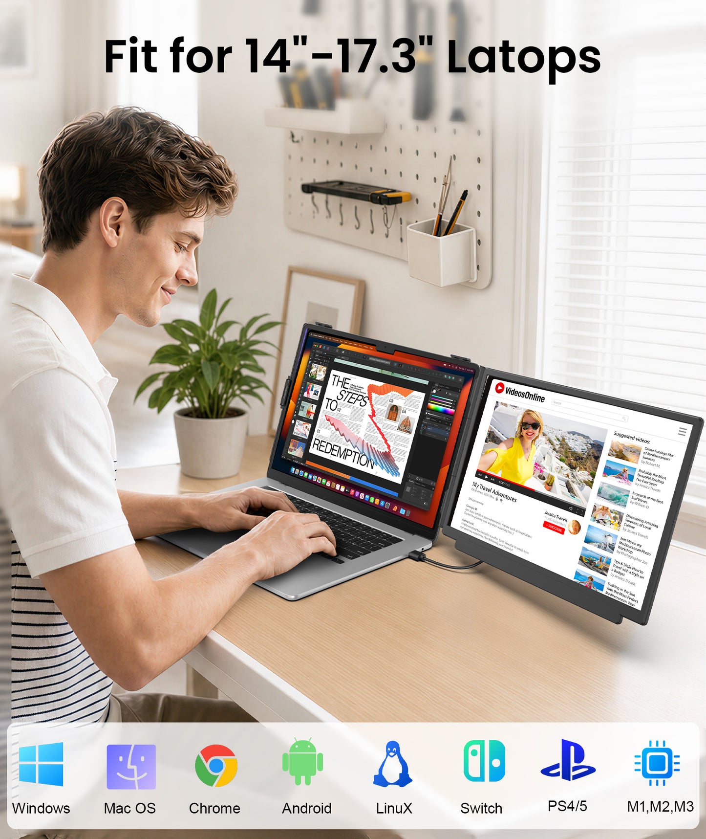 Orfibz 15.6" Laptop Screen Extender, 1080P FHD Detachable Laptop Monitor Extender, One Cable Plug & Play Portable Travel Monitor for 14"-17.3" Laptop Compatible with Wins/Mac/Chrome/Android