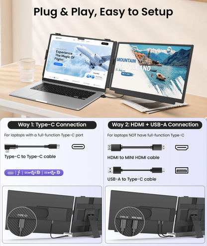 Orfibz 15.6" Laptop Screen Extender, 1080P FHD Detachable Laptop Monitor Extender, One Cable Plug & Play Portable Travel Monitor for 14"-17.3" Laptop Compatible with Wins/Mac/Chrome/Android